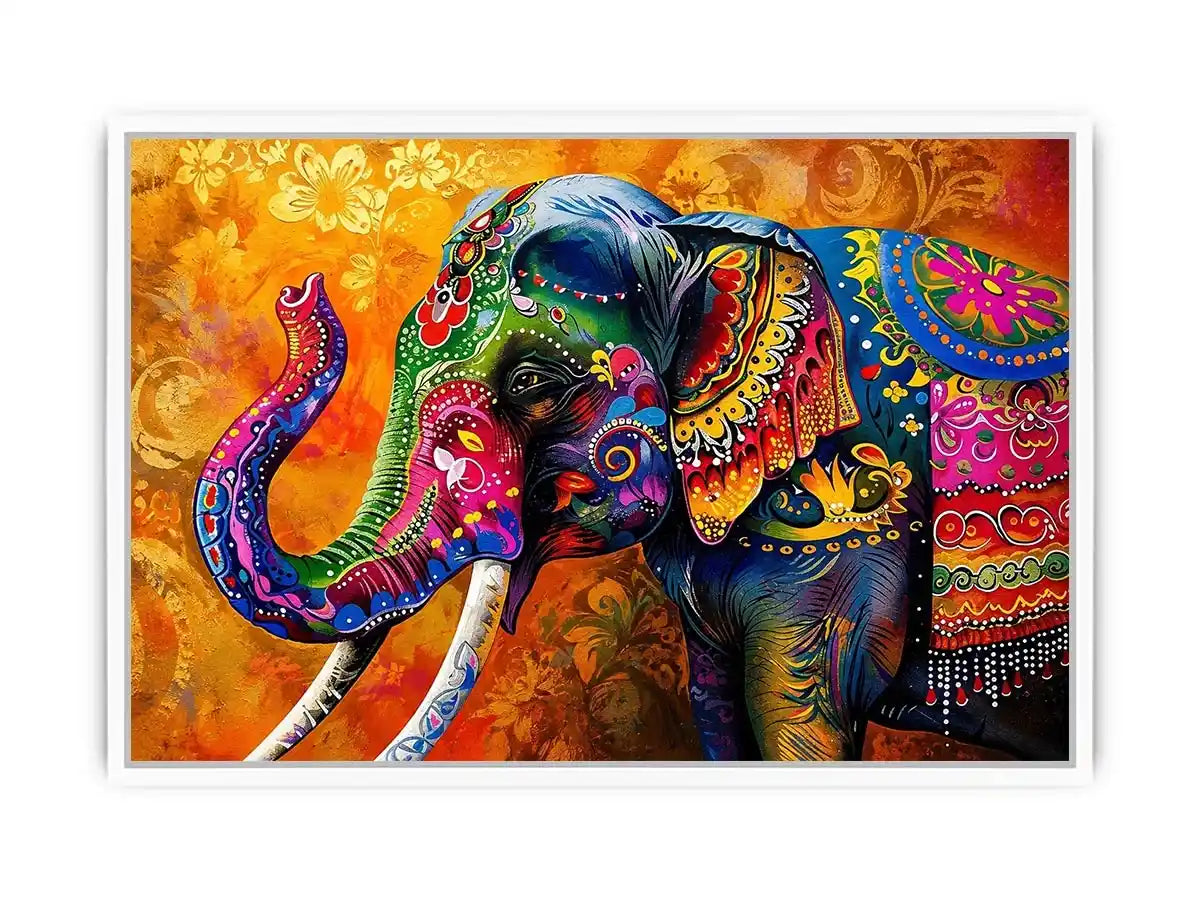 Colorful boho elephant painting with vibrant tribal patterns and luxury modern wall art design