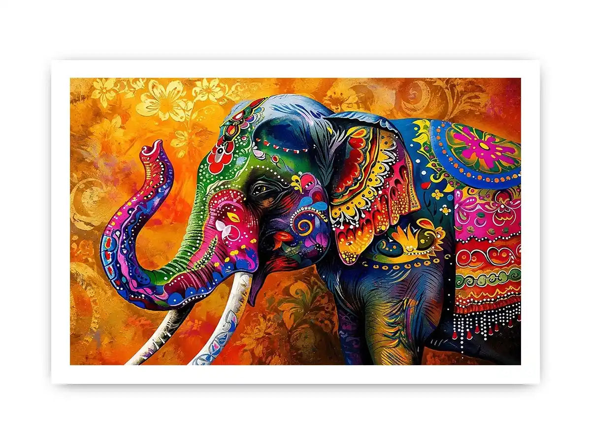 Colorful boho elephant painting with vibrant tribal patterns and luxury modern wall art design