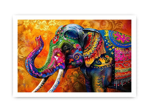 Colorful boho elephant painting with vibrant tribal patterns and luxury modern wall art design