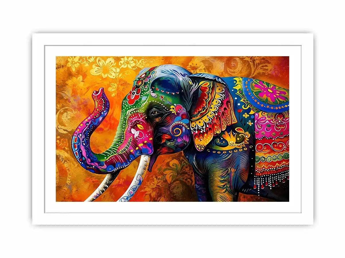 Colorful boho elephant painting with vibrant tribal patterns and luxury modern wall art design