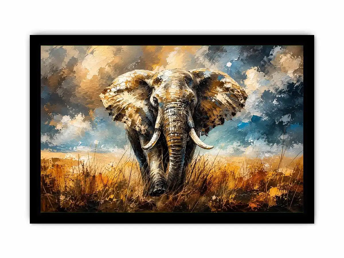 Modern abstract elephant wall art with bold textures and dramatic lighting, luxury wildlife canvas for living room and office decor