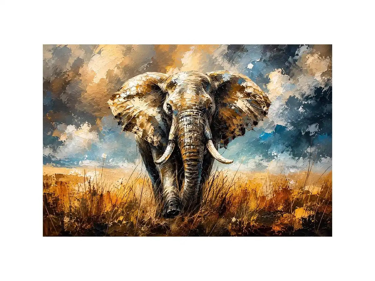 Modern abstract elephant wall art with bold textures and dramatic lighting, luxury wildlife canvas for living room and office decor