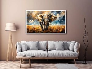 Modern abstract elephant wall art with bold textures and dramatic lighting, luxury wildlife canvas for living room and office decor
