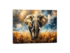 Modern abstract elephant wall art with bold textures and dramatic lighting, luxury wildlife canvas for living room and office decor