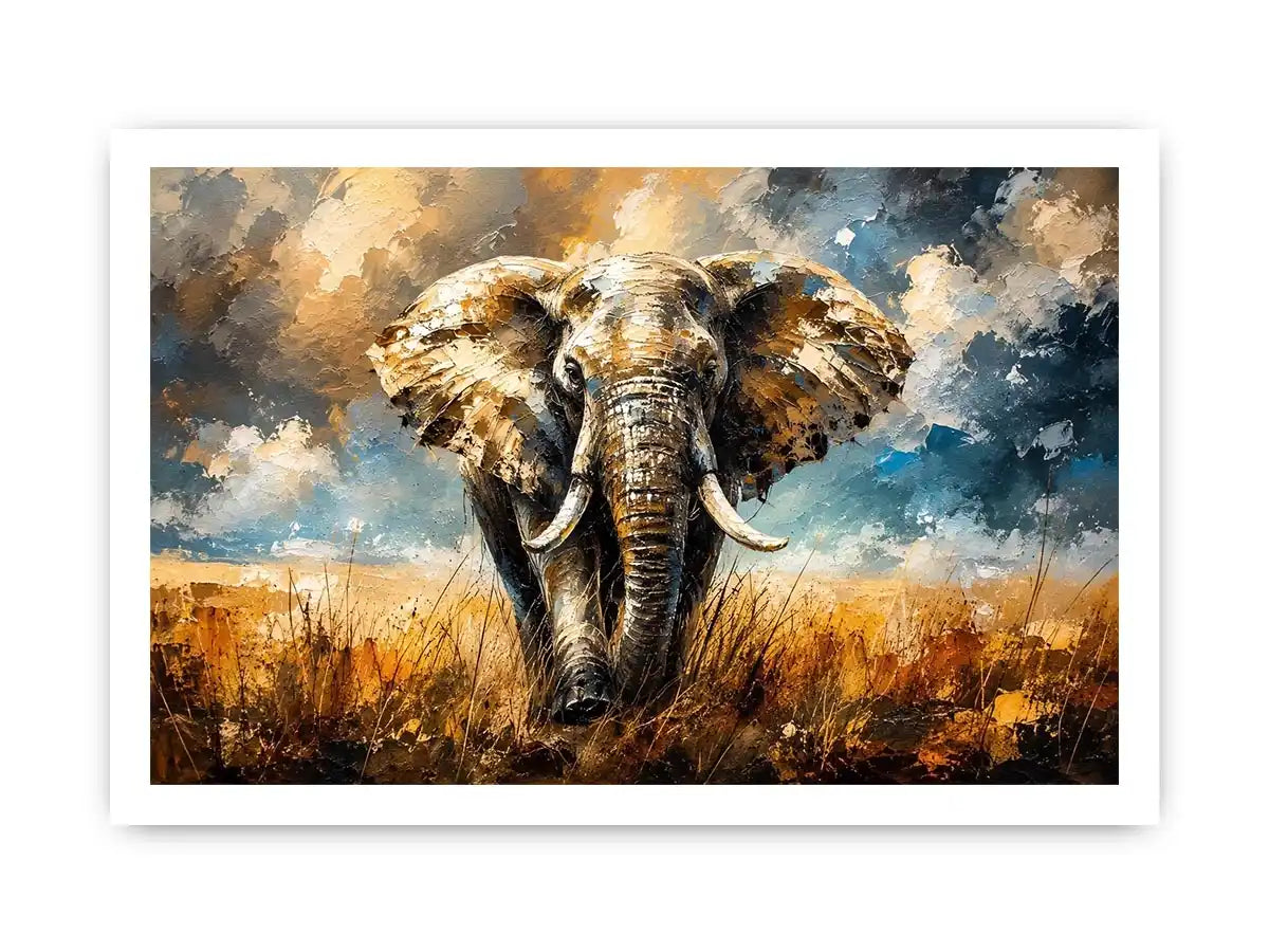 Modern abstract elephant wall art with bold textures and dramatic lighting, luxury wildlife canvas for living room and office decor