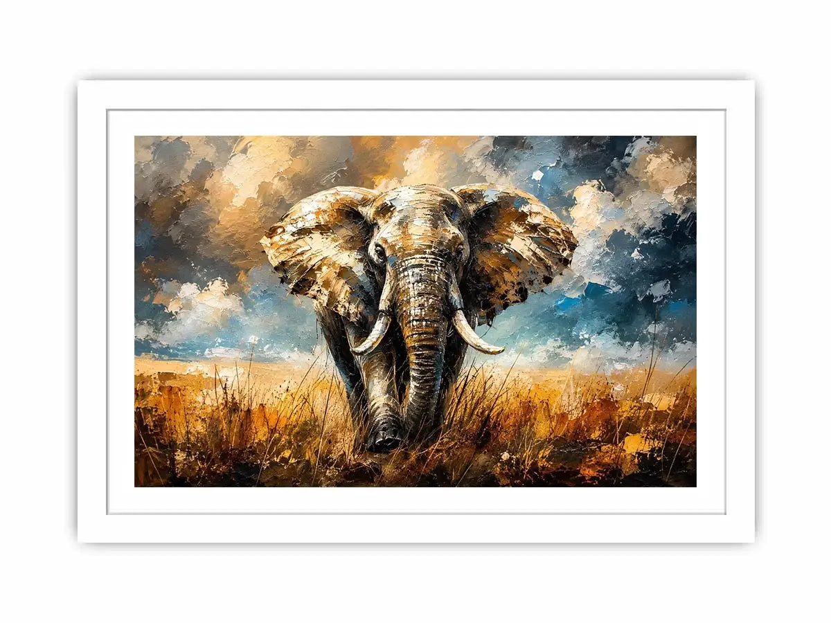 Modern abstract elephant wall art with bold textures and dramatic lighting, luxury wildlife canvas for living room and office decor