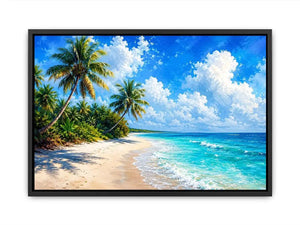 Tropical beach wall art with palm trees, turquoise ocean, and soft sand, serene coastal canvas for relaxing living room or bedroom decor