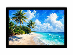 Tropical beach wall art with palm trees, turquoise ocean, and soft sand, serene coastal canvas for relaxing living room or bedroom decor