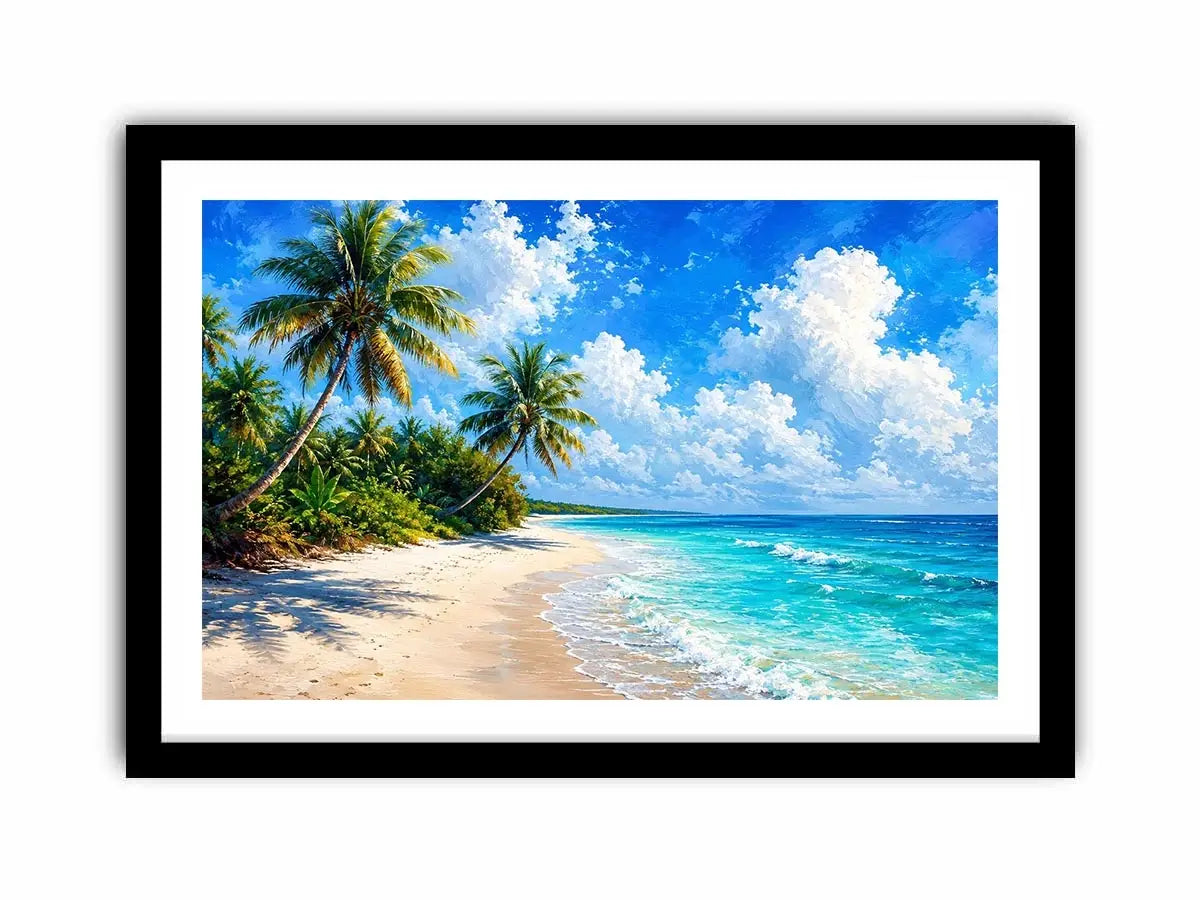 Tropical beach wall art with palm trees, turquoise ocean, and soft sand, serene coastal canvas for relaxing living room or bedroom decor