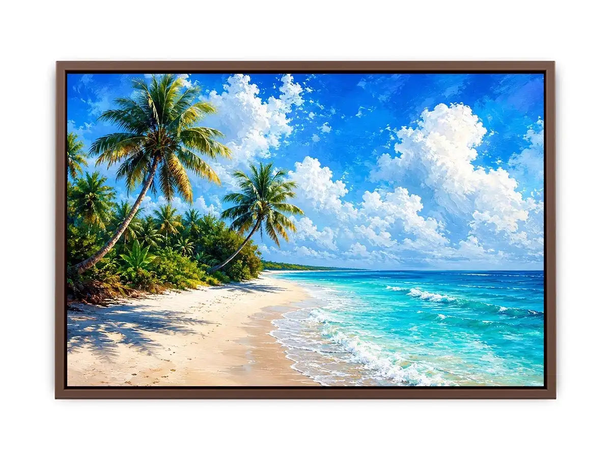 Tropical beach wall art with palm trees, turquoise ocean, and soft sand, serene coastal canvas for relaxing living room or bedroom decor