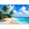 Tropical beach wall art with palm trees, turquoise ocean, and soft sand, serene coastal canvas for relaxing living room or bedroom decor