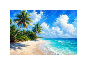 Tropical beach wall art with palm trees, turquoise ocean, and soft sand, serene coastal canvas for relaxing living room or bedroom decor