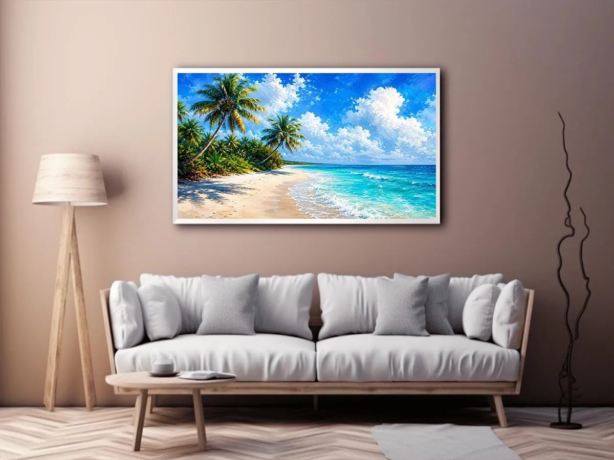 Tropical beach wall art with palm trees, turquoise ocean, and soft sand, serene coastal canvas for relaxing living room or bedroom decor