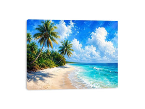 Tropical beach wall art with palm trees, turquoise ocean, and soft sand, serene coastal canvas for relaxing living room or bedroom decor