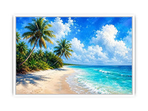 Tropical beach wall art with palm trees, turquoise ocean, and soft sand, serene coastal canvas for relaxing living room or bedroom decor