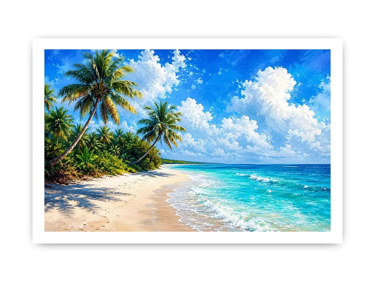Tropical beach wall art with palm trees, turquoise ocean, and soft sand, serene coastal canvas for relaxing living room or bedroom decor