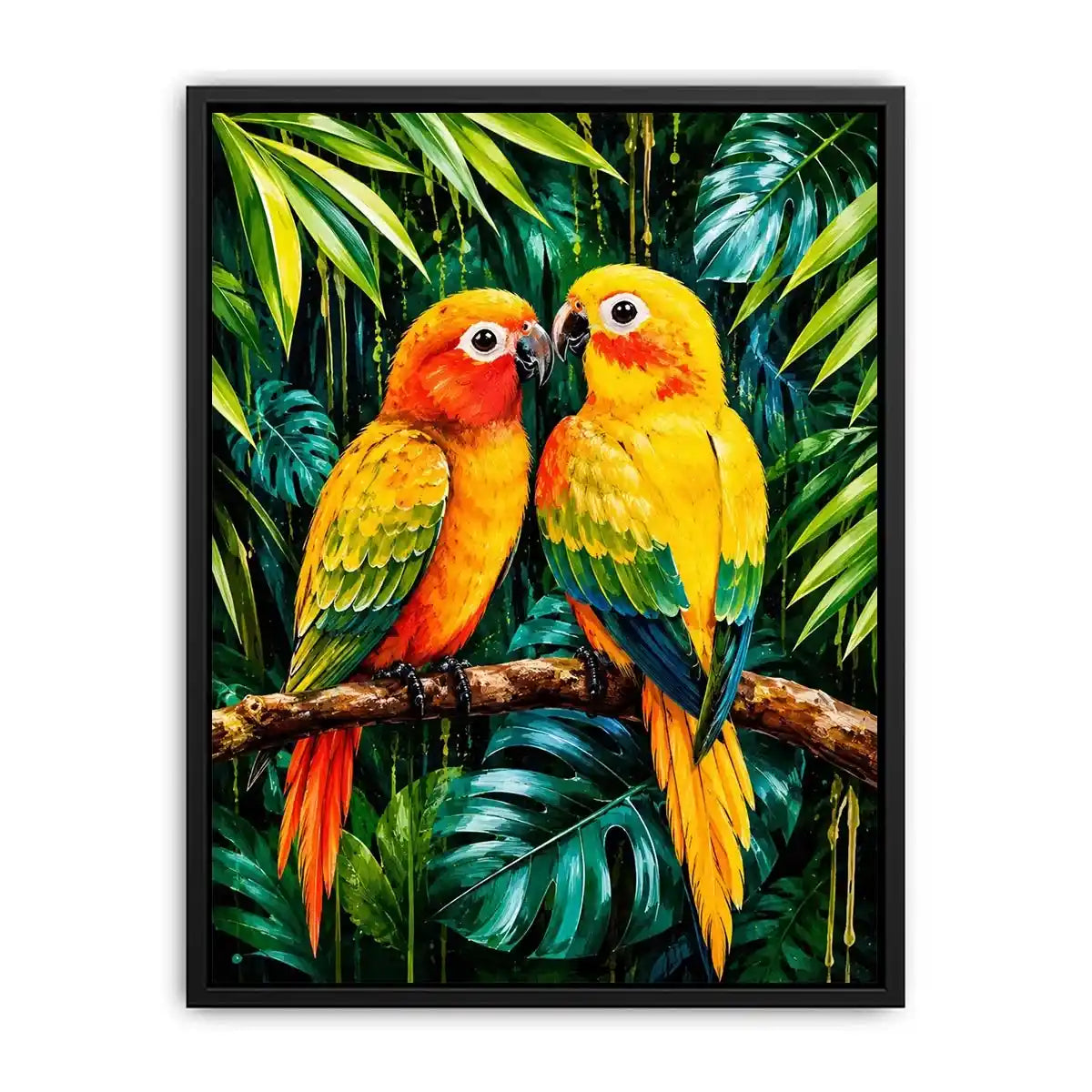 Colorful tropical parrot wall art with vibrant feathers and lush jungle leaves, modern exotic bird canvas for living room or bedroom decor