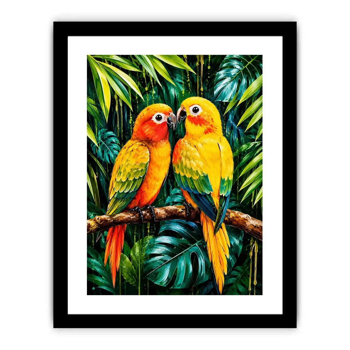 Colorful tropical parrot wall art with vibrant feathers and lush jungle leaves, modern exotic bird canvas for living room or bedroom decor