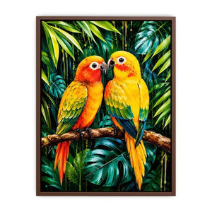 Colorful tropical parrot wall art with vibrant feathers and lush jungle leaves, modern exotic bird canvas for living room or bedroom decor