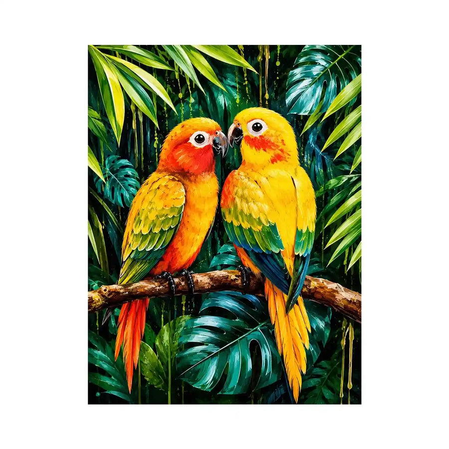 Colorful tropical parrot wall art with vibrant feathers and lush jungle leaves, modern exotic bird canvas for living room or bedroom decor