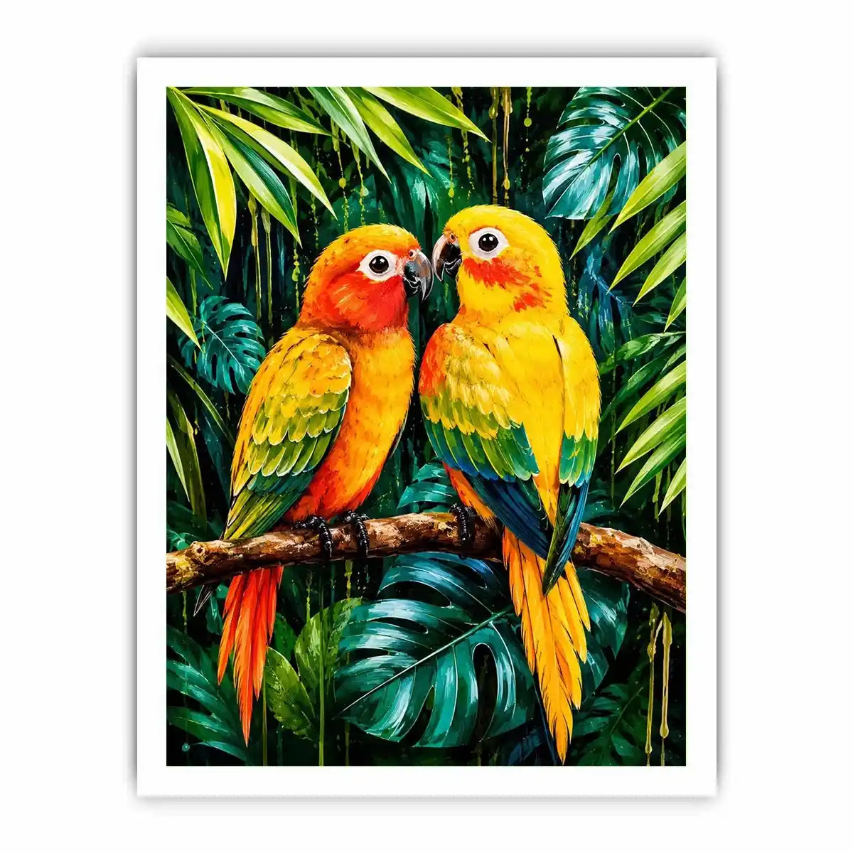 Colorful tropical parrot wall art with vibrant feathers and lush jungle leaves, modern exotic bird canvas for living room or bedroom decor
