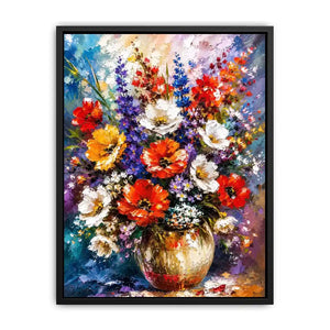 Modern vibrant floral vase wall art with bold textured flowers and rich colors, luxury abstract botanical canvas for living room decor