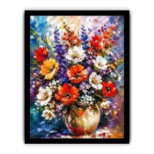 Modern vibrant floral vase wall art with bold textured flowers and rich colors, luxury abstract botanical canvas for living room decor