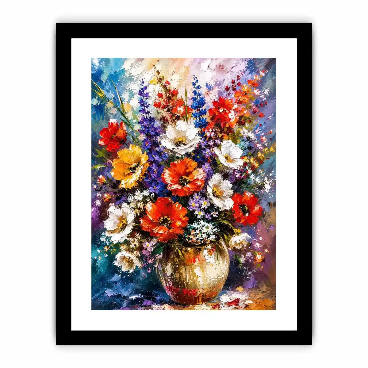 Modern vibrant floral vase wall art with bold textured flowers and rich colors, luxury abstract botanical canvas for living room decor