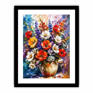 Modern vibrant floral vase wall art with bold textured flowers and rich colors, luxury abstract botanical canvas for living room decor