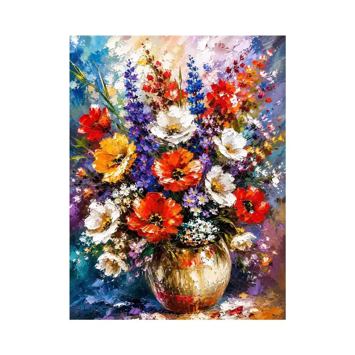 Modern vibrant floral vase wall art with bold textured flowers and rich colors, luxury abstract botanical canvas for living room decor