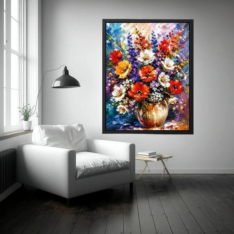 Modern vibrant floral vase wall art with bold textured flowers and rich colors, luxury abstract botanical canvas for living room decor