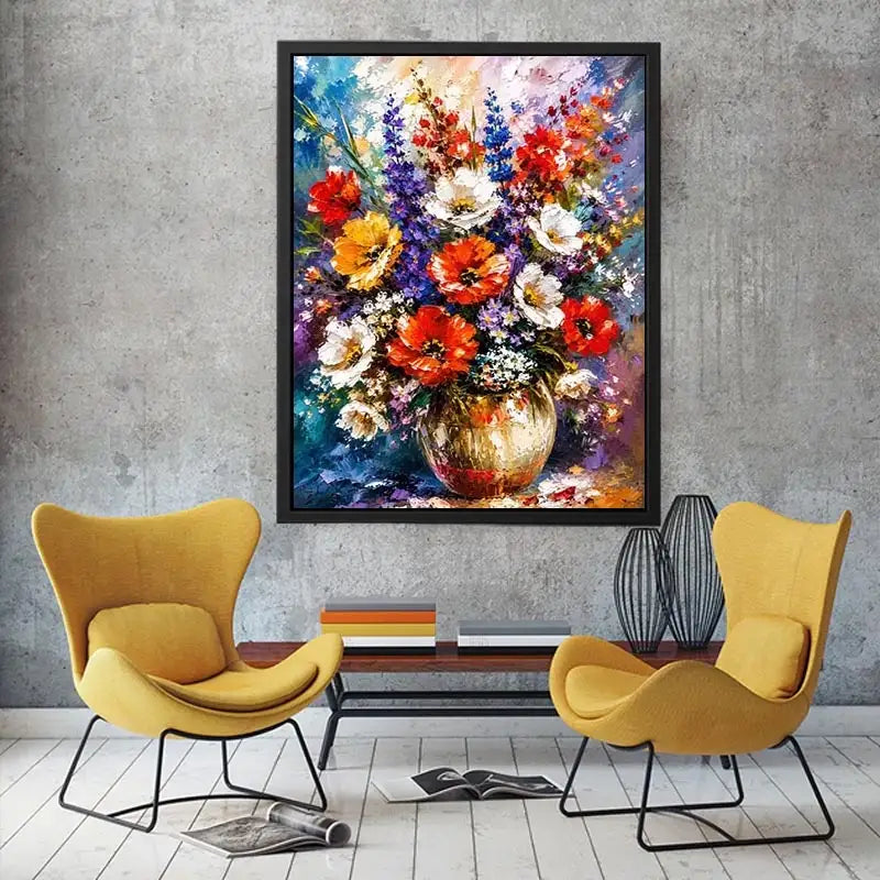 Modern vibrant floral vase wall art with bold textured flowers and rich colors, luxury abstract botanical canvas for living room decor