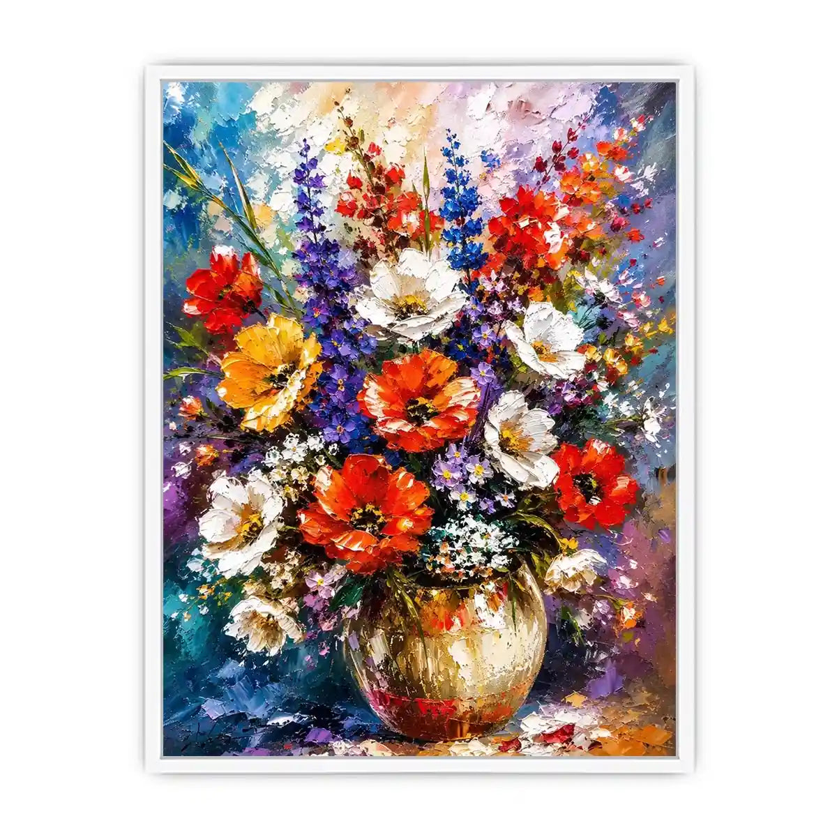 Modern vibrant floral vase wall art with bold textured flowers and rich colors, luxury abstract botanical canvas for living room decor