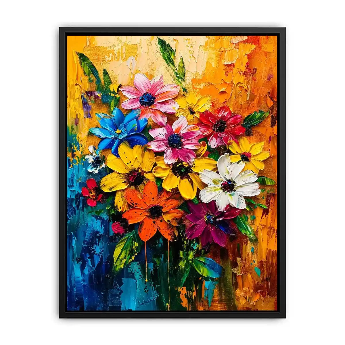 Colorful abstract floral bouquet luxury canvas wall art with vibrant textured flowers and modern gallery style