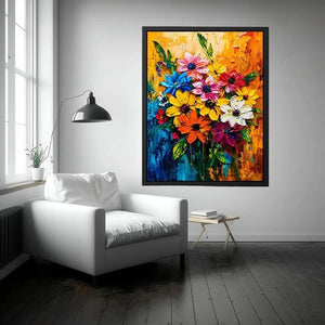 Colorful abstract floral bouquet luxury canvas wall art with vibrant textured flowers and modern gallery style