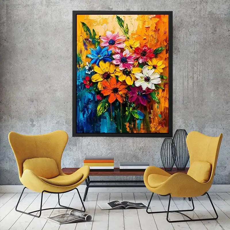 Colorful abstract floral bouquet luxury canvas wall art with vibrant textured flowers and modern gallery style