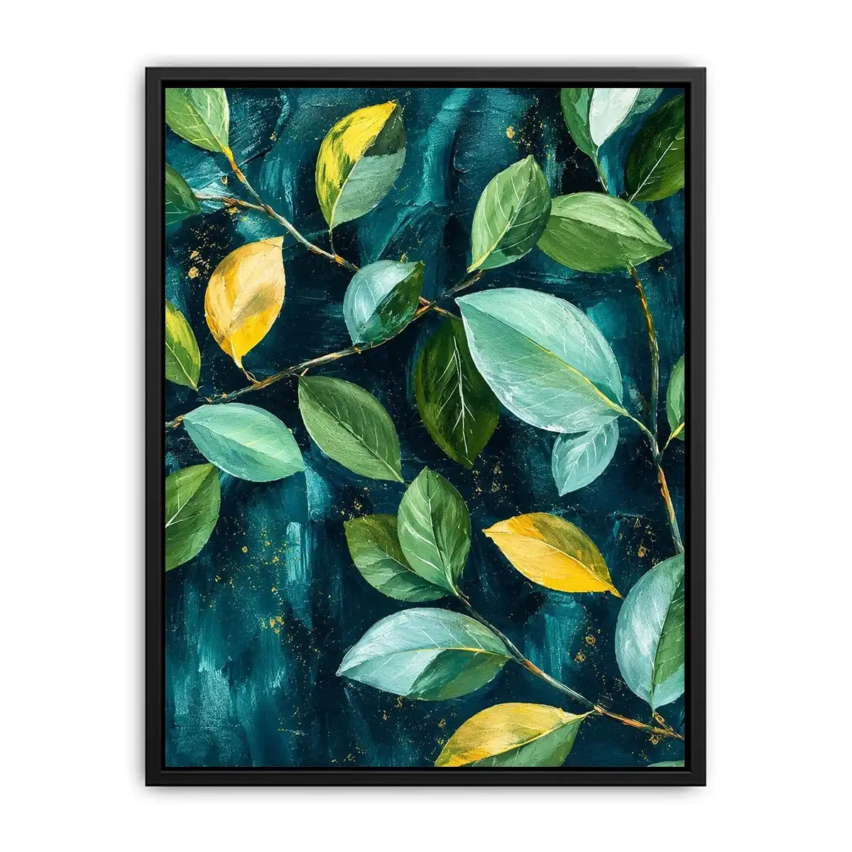 Modern botanical leaf wall art with teal background and elegant green foliage canvas painting