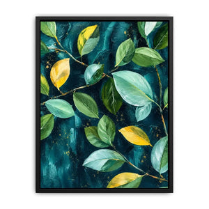 Modern botanical leaf wall art with teal background and elegant green foliage canvas painting