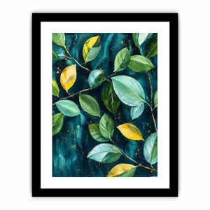 Modern botanical leaf wall art with teal background and elegant green foliage canvas painting