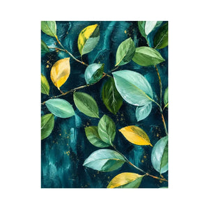 Modern botanical leaf wall art with teal background and elegant green foliage canvas painting