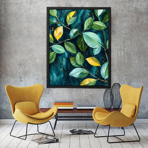 Modern botanical leaf wall art with teal background and elegant green foliage canvas painting