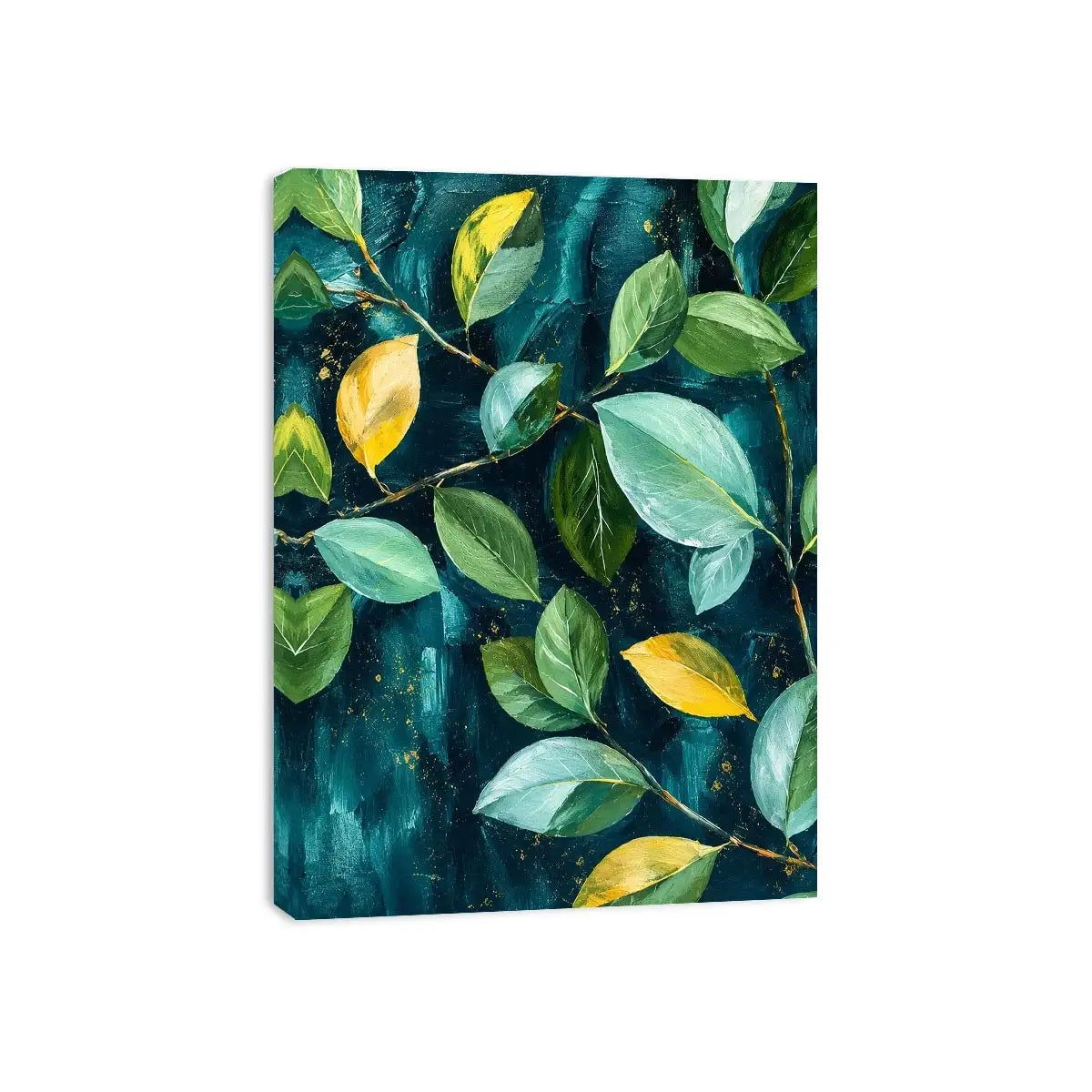 Modern botanical leaf wall art with teal background and elegant green foliage canvas painting