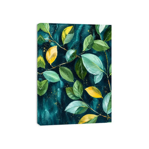 Modern botanical leaf wall art with teal background and elegant green foliage canvas painting