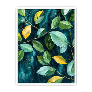 Modern botanical leaf wall art with teal background and elegant green foliage canvas painting