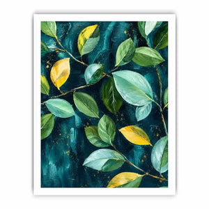 Modern botanical leaf wall art with teal background and elegant green foliage canvas painting