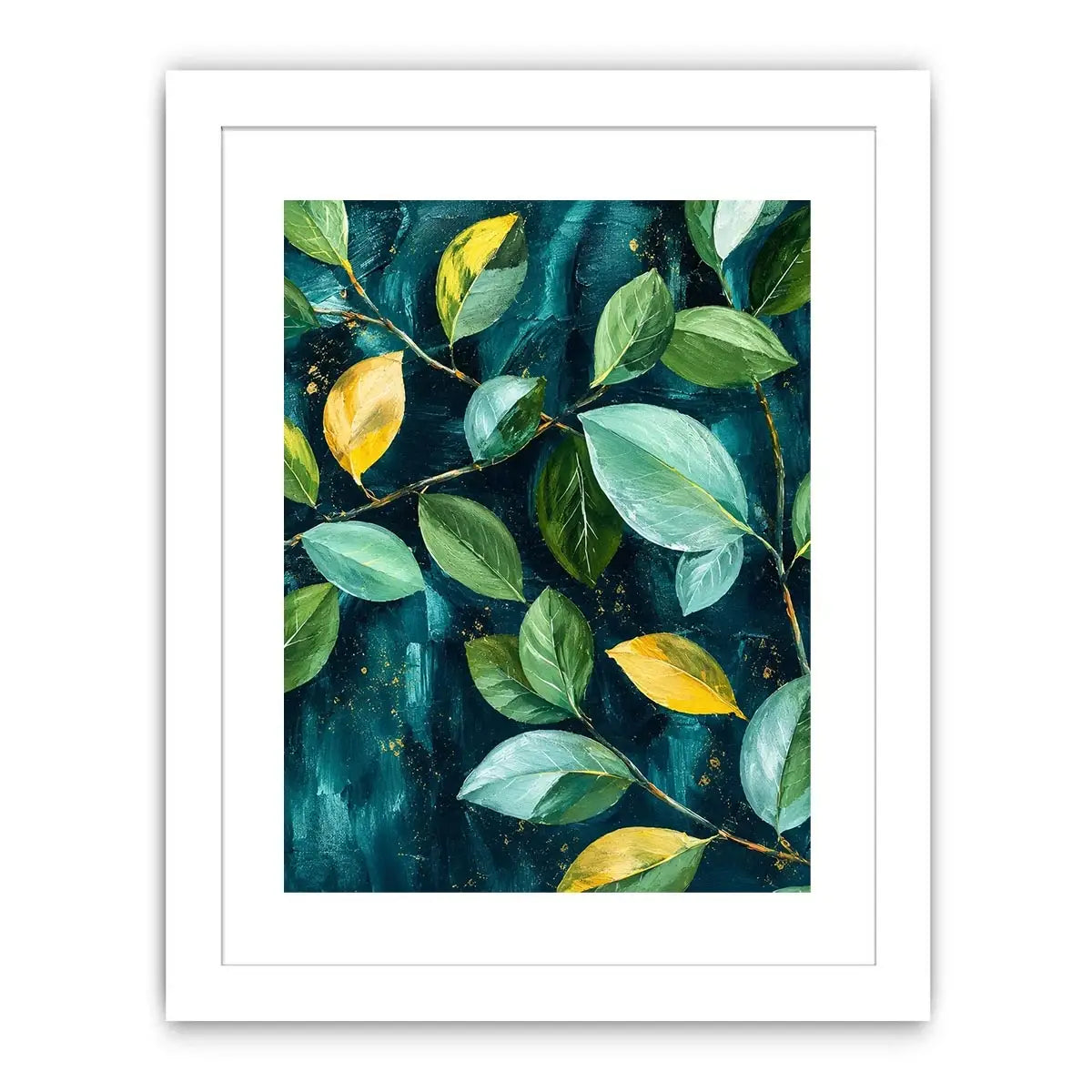 Modern botanical leaf wall art with teal background and elegant green foliage canvas painting