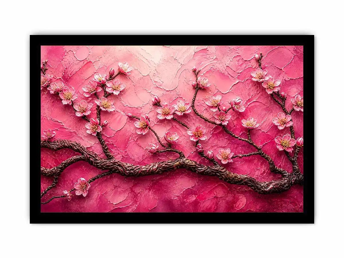 Pink cherry blossom painting with textured background and delicate floral branches