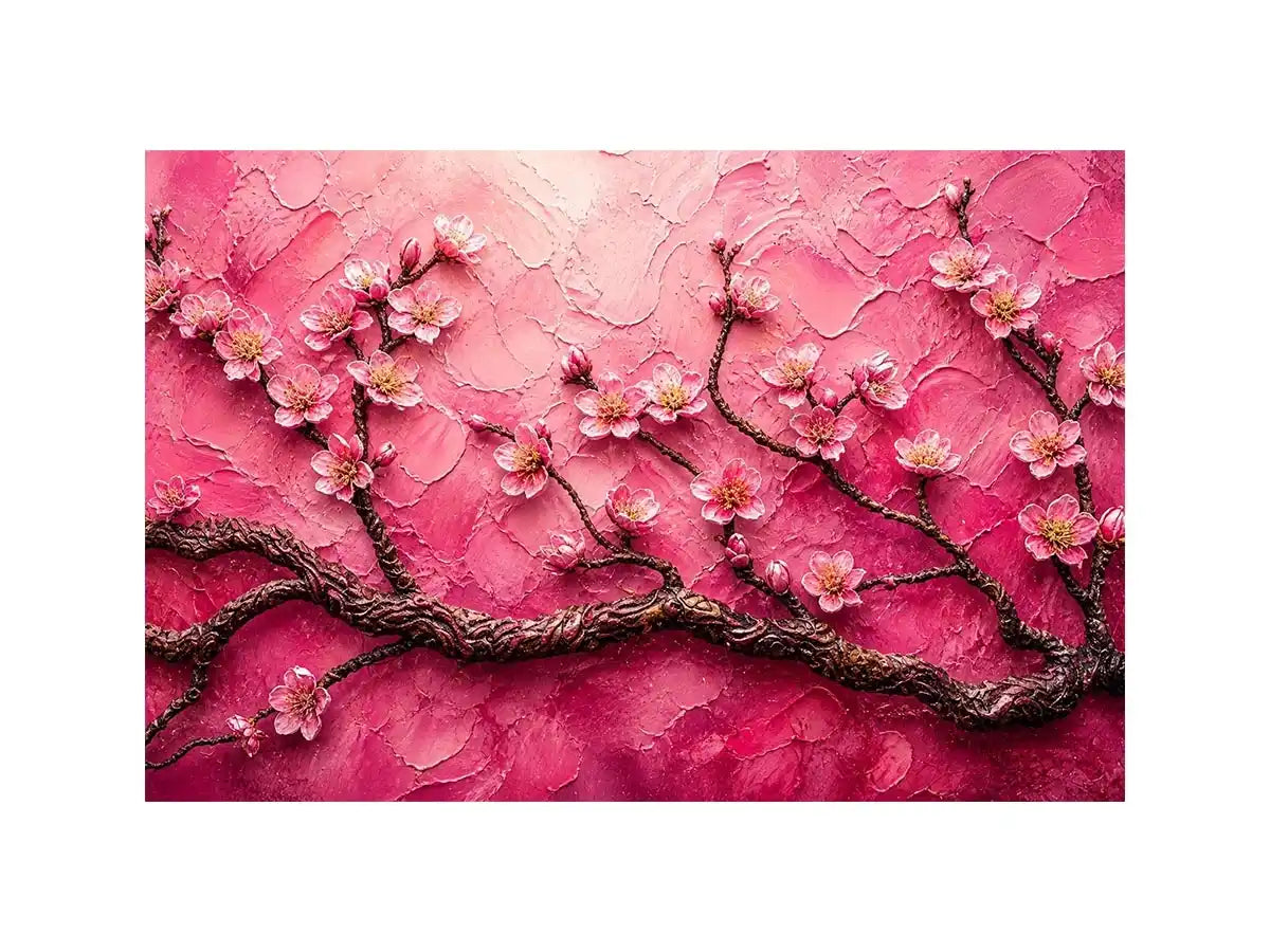 Pink cherry blossom painting with textured background and delicate floral branches