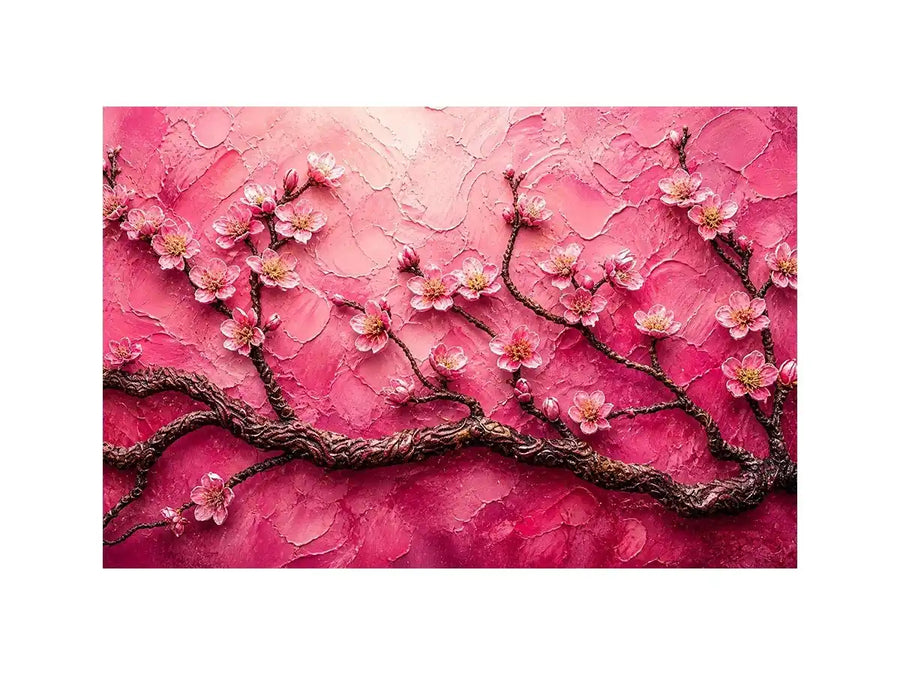Pink cherry blossom painting with textured background and delicate floral branches