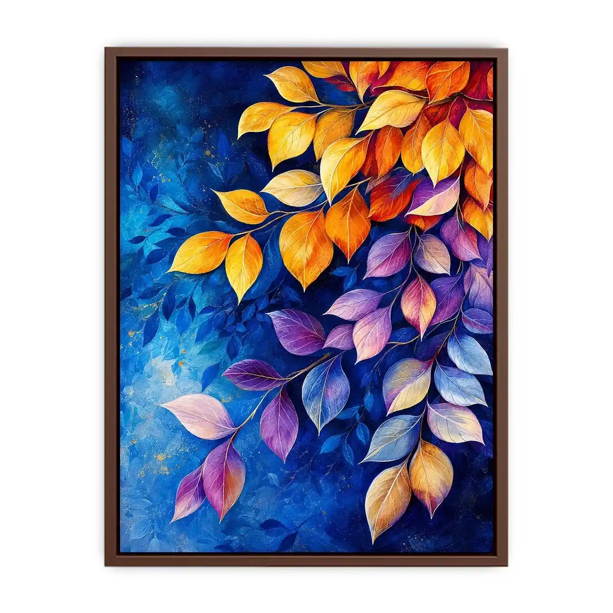 Elegant botanical leaf wall art with blue background and gold purple foliage modern canvas painting